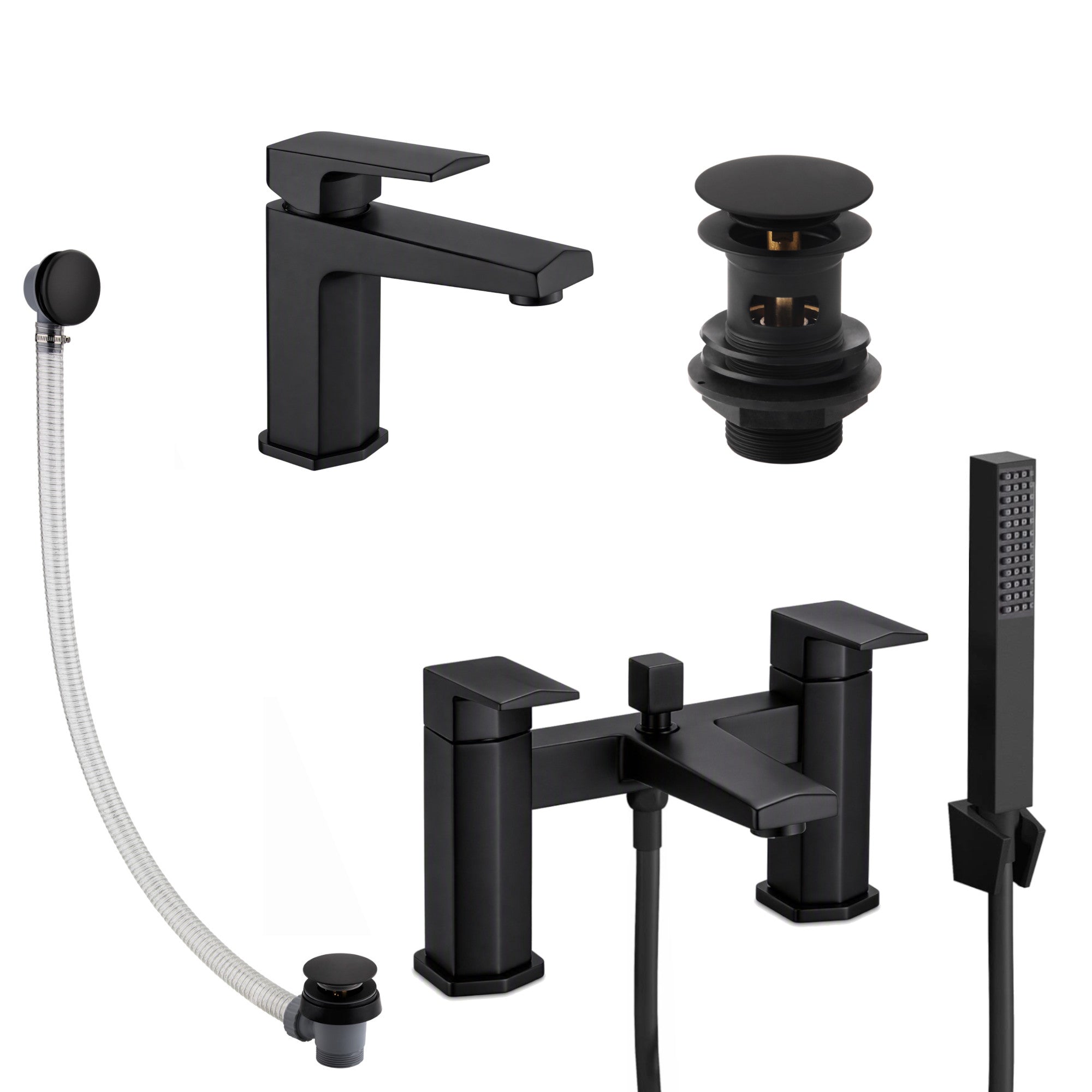 Milly geo inspired hexagonal basin + bath shower mixer tap pack with wastes - matt black
